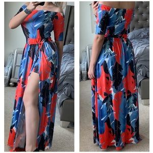 Off shoulder tropical print romper
